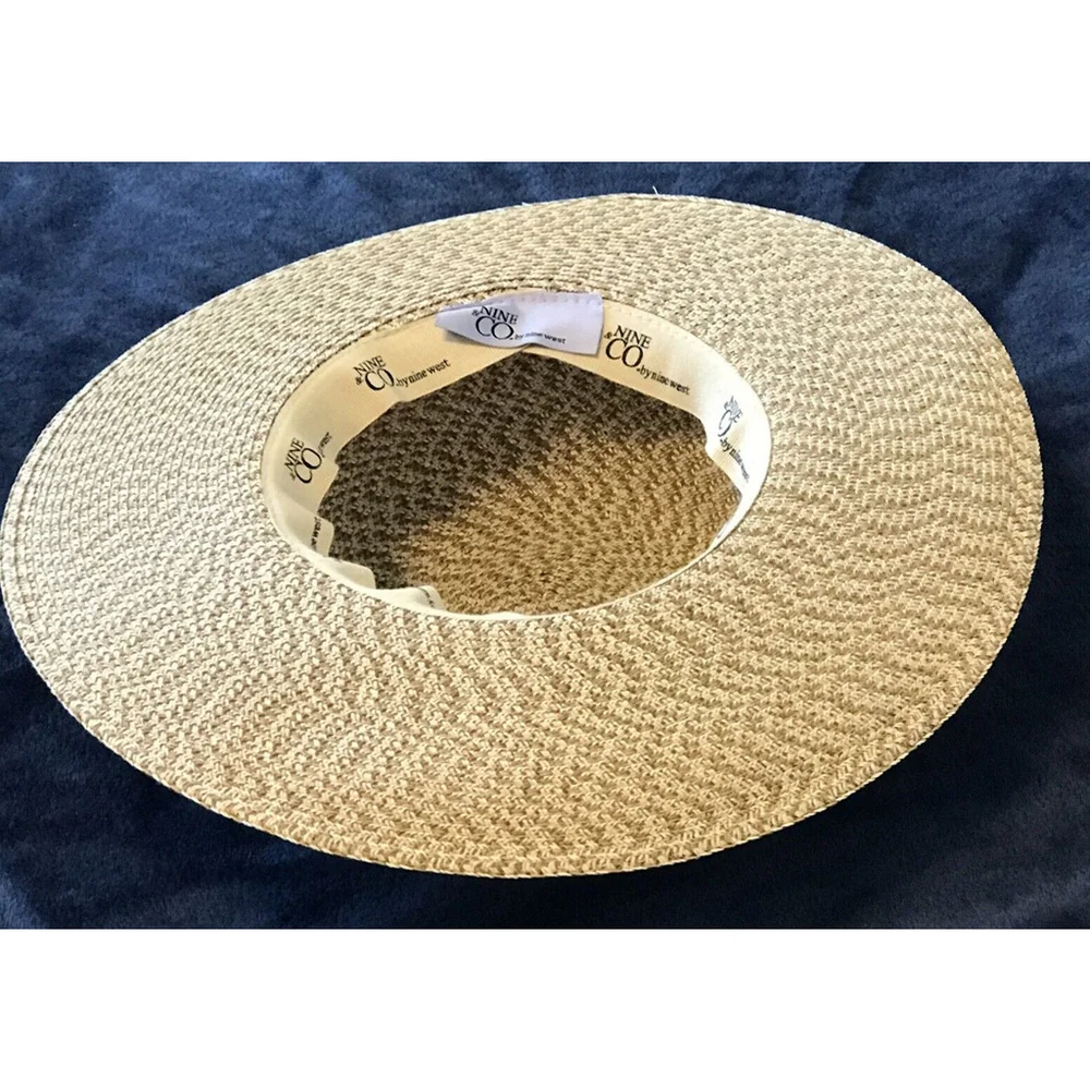 Nine & Co Floppy Sun Hat Nine West Decorative Band Bamboo Bead Woven Beige Tan